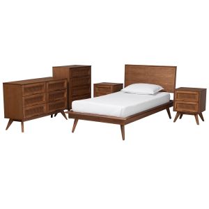 Melora Walnut Brown Finished Wood and Rattan Twin Size 5-Piece Bedroom Set