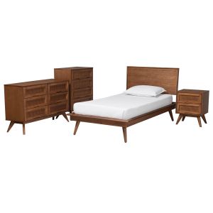 Melora Walnut Brown Finished Wood and Rattan Twin Size 4-Piece Bedroom Set