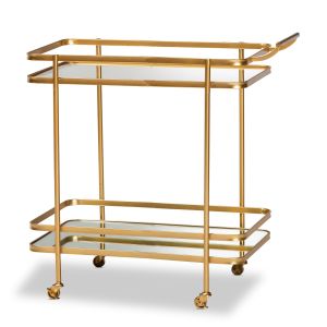 Destin Modern and Contemporary Glam Brushed Gold Finished Metal and Mirrored Glass 2-Tier Mobile Wine Bar Cart