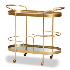 Kamal Modern and Contemporary Glam Brushed Gold Finished Metal and Mirrored Glass 2-Tier Mobile Wine Bar Cart