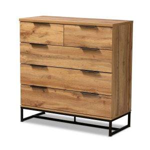 Franklin Modern and Contemporary Oak Finished Wood and Black Finished Metal 5-Drawer Bedroom Chest