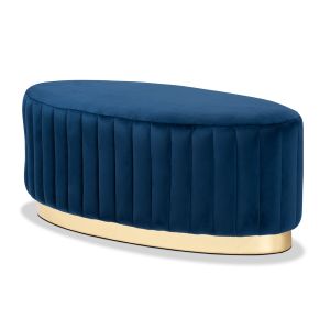 Kirana Glam and Luxe Navy Blue Velvet Fabric Upholstered and Gold PU Leather Ottoman