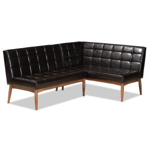 Sanford Mid-Century Modern Dark Brown Faux Leather Upholstered and Walnut Brown Finished Wood 2-Piece Dining Nook Banquette Set