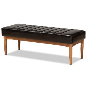 Daymond Mid-Century Modern Dark Brown Faux Leather Upholstered and Walnut Brown Finished Wood Dining Bench