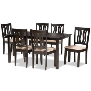 Fenton Modern and Contemporary Sand Fabric Upholstered and Dark Brown Finished Wood 7-Piece Dining Set