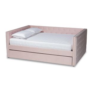 Larkin Modern and Contemporary Pink Velvet Fabric Upholstered Full Size Daybed with Trundle