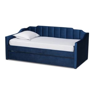 Lennon Modern and Contemporary Navy Blue Velvet Fabric Upholstered Twin Size Daybed with Trundle