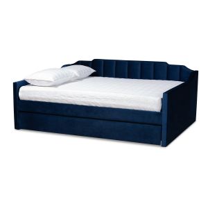 Lennon Modern and Contemporary Navy Blue Velvet Fabric Upholstered Full Size Daybed with Trundle