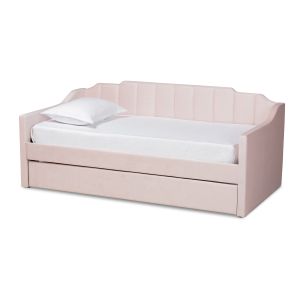 Lennon Modern and Contemporary Pink Velvet Fabric Upholstered Twin Size Daybed with Trundle