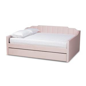 Lennon Modern and Contemporary Pink Velvet Fabric Upholstered Queen Size Daybed with Trundle