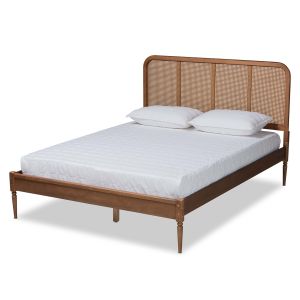 Elston Mid-Century Modern Walnut Brown Finished Wood and Synthetic Rattan King Size Platform Bed