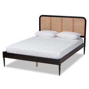 Elston Mid-Century Modern Charcoal Finished Wood and Synthetic Rattan Queen Size Platform Bed