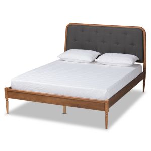 Diantha Classic and Traditional Dark Grey Fabric Upholstered and Walnut Brown Finished Wood Full Size Platform Bed