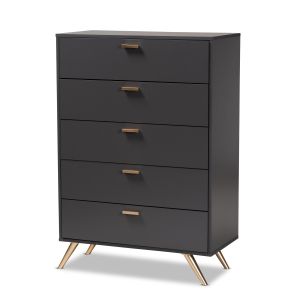 Kelson Modern and Contemporary Dark Grey and Gold Finished Wood 5-Drawer Chest