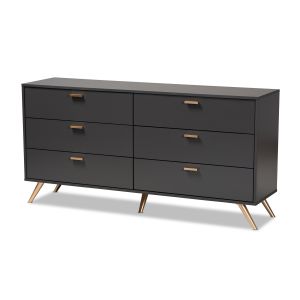 Kelson Modern and Contemporary Dark Grey and Gold Finished Wood 6-Drawer Dresser