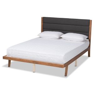 Jarlan Modern and Contemporary Transitional Charcoal Fabric Upholstered and Walnut Brown Finished Wood King Size Platform Bed