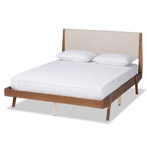 Senna Mid-Century Modern Beige Fabric Upholstered and Walnut Brown Finished Wood King Size Platform Bed