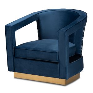 Neville Modern Luxe and Glam Navy Blue Velvet Fabric Upholstered and Gold Finished Metal Armchair