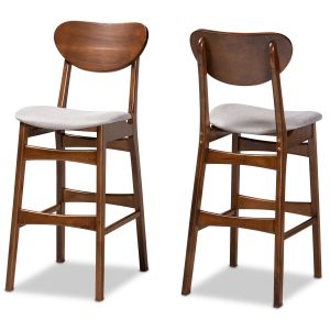 Katya Mid-Century Modern Grey Fabric Upholstered and Walnut Brown Finished Wood 2-Piece Bar Stool Set