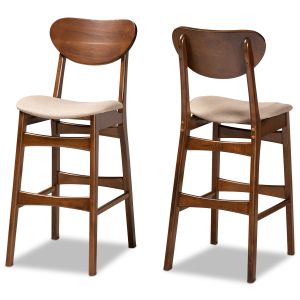 Katya Mid-Century Modern Sand Fabric Upholstered and Walnut Brown Finished Wood 2-Piece Bar Stool Set