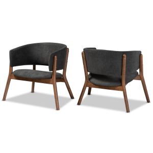 Baron Mid-Century Modern Dark Grey Fabric Upholstered and Walnut Brown Finished Wood 2-Piece Living Room Accent Chair Set