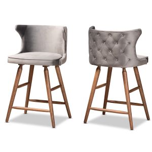 Sagira Modern and Contemporary Transitional Grey Velvet Fabric Upholstered and Walnut Brown Finished Wood 2-Piece Counter Stool Set