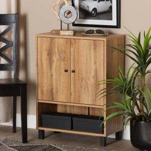Rossin Modern and Contemporary Oak Brown Finished Wood 2-Door Entryway Shoe Storage Cabinet with Bottom Shelf
