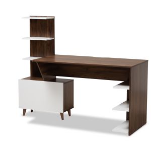 Tobias Mid-Century Modern Two-Tone White and Walnut Brown Finished Wood Storage Computer Desk with Shelves