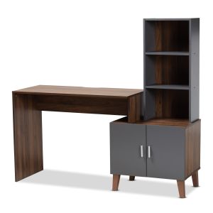 Jaeger Modern and Contemporary Two-Tone Walnut Brown and Dark Grey Finished Wood Storage Desk with Shelves