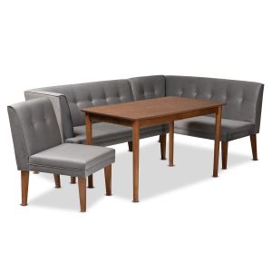 Stewart Mid-Century Modern Grey Velvet Upholstered and Walnut Brown Finished Wood 4-Piece Dining Nook Set