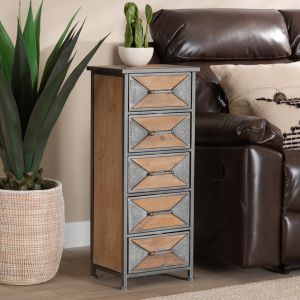 Laurel Rustic Industrial Antique Grey Finished Metal and Whitewashed Oak Brown Finished Wood 5-Drawer Accent Storage Cabinet