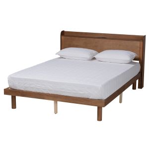 Decker Mid-Century Modern Transitional Walnut Brown Finished Wood Queen Size Platform Bed with Charging Station