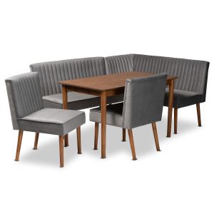 Alvis Mid-Century Modern Grey Velvet Upholstered and Walnut Brown Finished Wood 5-Piece Dining Nook Set