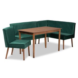 Alvis Mid-Century Modern Emerald Green Velvet Upholstered and Walnut Brown Finished Wood 4-Piece Dining Nook Set