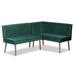 Alvis Mid-Century Modern Emerald Green Velvet Upholstered and Walnut Brown Finished Wood 2-Piece Dining Nook Banquette Set