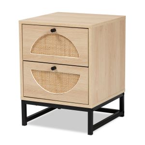 Ardon Bohemian Light Brown Finished Wood and Black Metal 1-Drawer Nightstand with Natural Rattan
