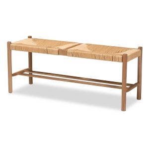 Saura Mid-Century Modern Oak Brown Finished Wood and Hemp Dining Bench
