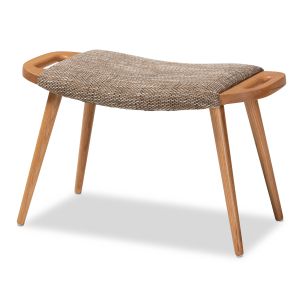 Banner Mid-Century Modern Light Brown Fabric Upholstered and Oak Brown Finished Wood Accent Bench