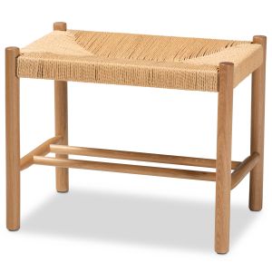 Saura Mid-Century Modern Oak Brown Finished Wood and Hemp Accent Bench