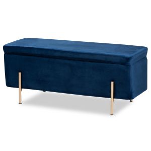 Rockwell Contemporary Glam and Luxe Navy Blue Velvet Fabric Upholstered and Gold Finished Metal Storage Bench