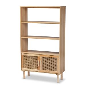 Faulkner Mid-Century Modern Natural Brown Finished Wood and Rattan 2-Door Bookcase