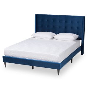 Gothard Modern and Contemporary Navy Blue Velvet Fabric Upholstered and Dark Brown Finished Wood King Size Platform Bed