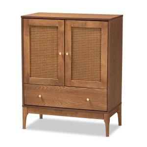 Ramiel Mid-Century Modern Ash Walnut Finished Wood and Rattan 1-Drawer Sideboard