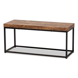 Bardot Modern Industrial Walnut Brown Finished Wood and Black Metal Accent Bench