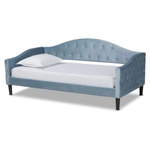 Benjamin Modern and Contemporary Light Blue Velvet Fabric Upholstered and Dark Brown Finished Wood Twin Size Daybed