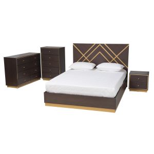 Arcelia Contemporary Glam and Luxe Two-Tone Dark Brown and Gold Finished Wood Queen Size 4-Piece Bedroom Set with Chest