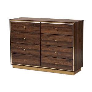 Cormac Modern and Contemporary Walnut Brown Finished Wood and Gold Metal 8-Drawer Dresser