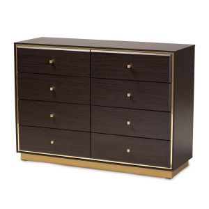 Cormac Modern and Contemporary Espresso Brown Finished Wood and Gold Metal 8-Drawer Dresser