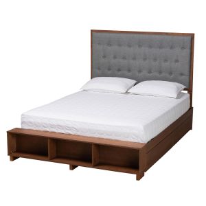 Jalie Grey Fabric and Walnut Brown Finished Wood King Size Platform Storage Bed