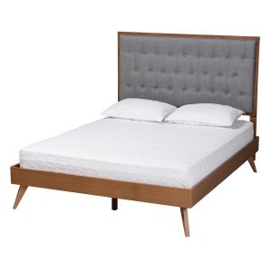 Dericia Classic Grey Fabric and Walnut Brown Finish Wood King Size Platform Bed